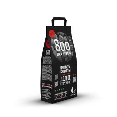 Уголь брикетированный 800 Degrees Долгое Горение, мешок 4 кг