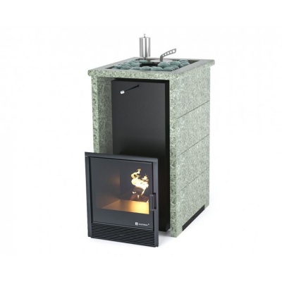 Печь для бани ИзиСтим Сочи в трёхстороннем кожухе из жадеита с открытым верхом сталь AISI 321