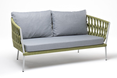 Диван 4SIS Диего 2-местный из роупа, каркас алюминий светло-серый муар, роуп салатовый меланж, ткань светло-серая