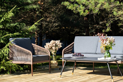 Лаунж-зона 4SIS Канны 5-местная из роупа со столом Верона (серый гранит), каркас коричневый, роуп коричневый Лаунж-зона 4SIS Канны 5-местная из роупа со столом Верона (серый гранит), каркас коричневый, роуп коричневый