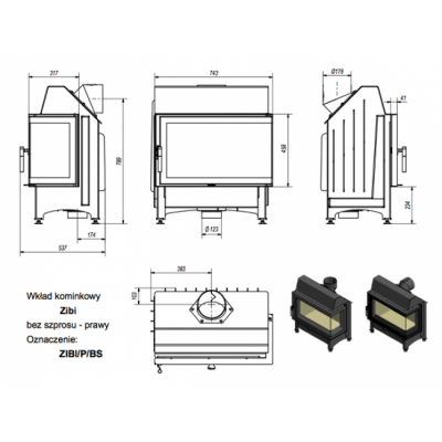 Каминная топка Kratki Zibi P BS (угловое стекло справа)