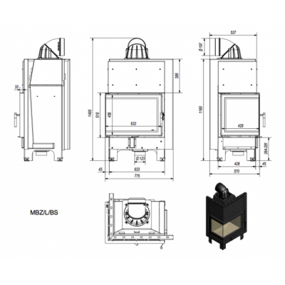 Каминная топка Kratki MBZ L BS (угловое стекло слева)