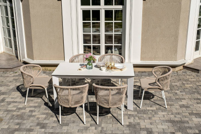 Обеденная группа 4SIS Венето 6-местная со стульями Милан, каркас белый, роуп бежевый