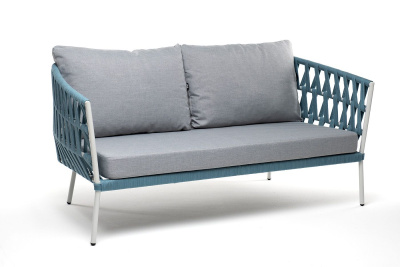 Диван 4SIS Диего 2-местный из роупа, каркас алюминий светло-серый (RAL7035) муар, роуп бирюзовый круглый, ткань светло-серая