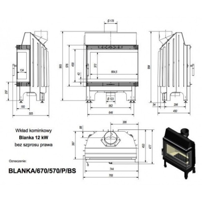Каминная топка Kratki Blanka 670 570 P BS (угловое стекло справа)